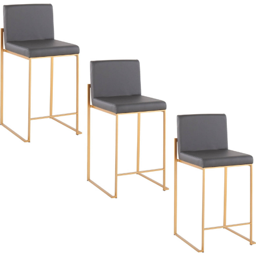 Fuji 26" High Back Counter Stool in Gold Steel & Grey Leatherette (Set of 3)